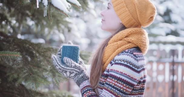 Mujer sosteniendo taza de té en invierno — Vídeos de Stock