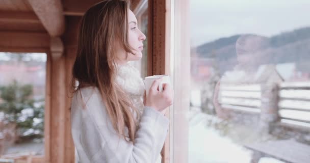 Woman drinking tea or coffee in mountains — Stock Video