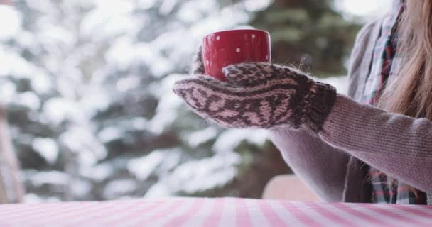 Jeune femme boit du thé ou du café — Video