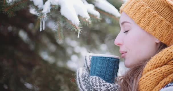 Молодая женщина пьет чай или кофе — стоковое видео