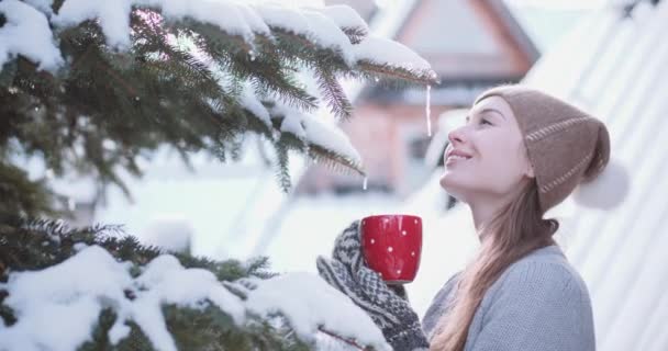 Mujer sosteniendo taza de té en invierno — Vídeos de Stock