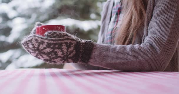 Young woman drinks tea or coffee — Stock Video