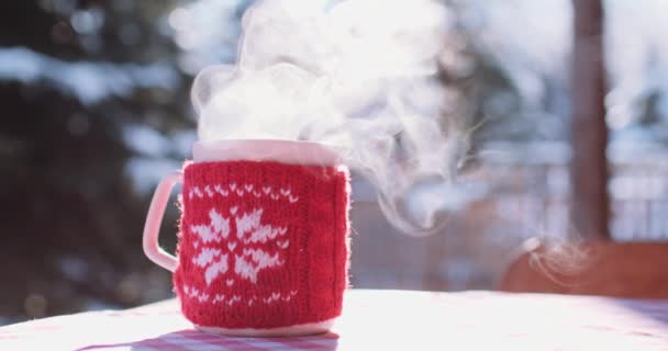 Xícara de bebida quente no inverno — Vídeo de Stock