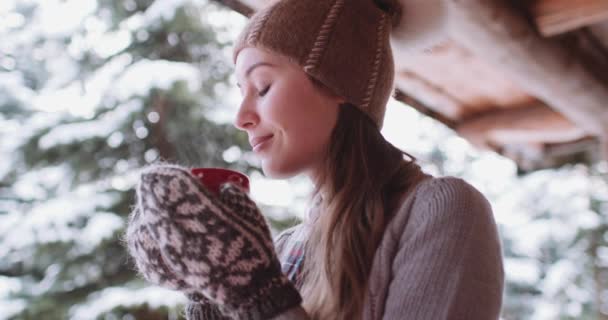 Young woman drinks tea or coffee — Stock Footage Young woman drinks tea or coffee Royalty Free Stock Footage