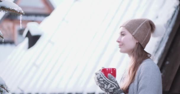 Молодая женщина пьет чай или кофе — стоковое видео