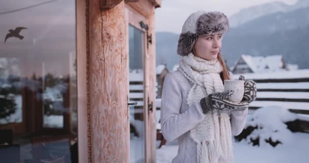 Femme buvant du thé ou du café en montagne — Video