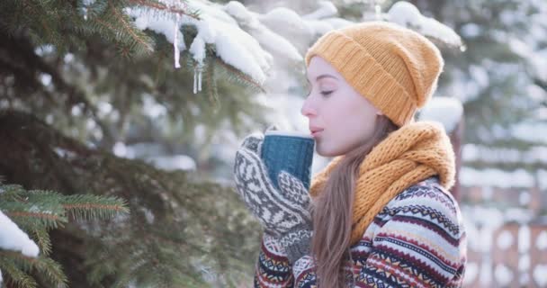 Mujer bebe un té caliente al aire libre — Vídeo de stock