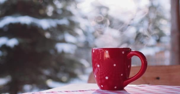 Taza de bebida caliente en invierno — Vídeo de stock