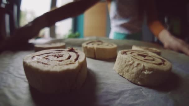 Rollos de canela se ponen en el horno — Vídeos de Stock