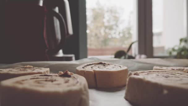 В духовку кладут булочки с корицей — стоковое видео