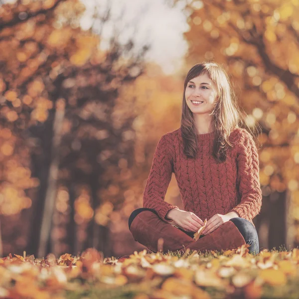 Autumn Park 'ta güzel, mutlu bir kadın. — Stok fotoğraf