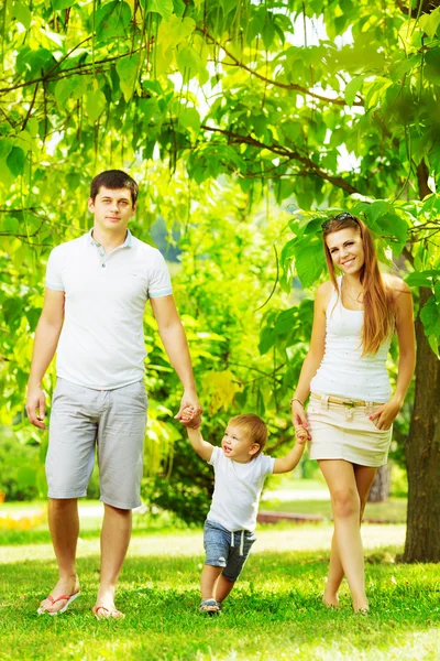 夏の公園で楽しんで若い家族 ストック画像