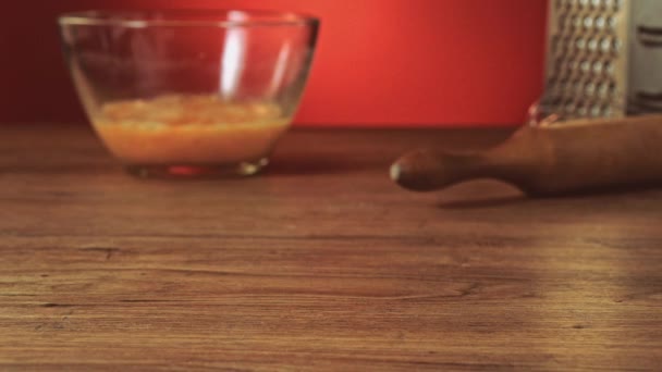 Flour is thrown on kitchen table — Stock Video