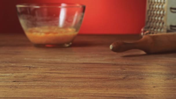 Flour is thrown on kitchen table — Stock Video