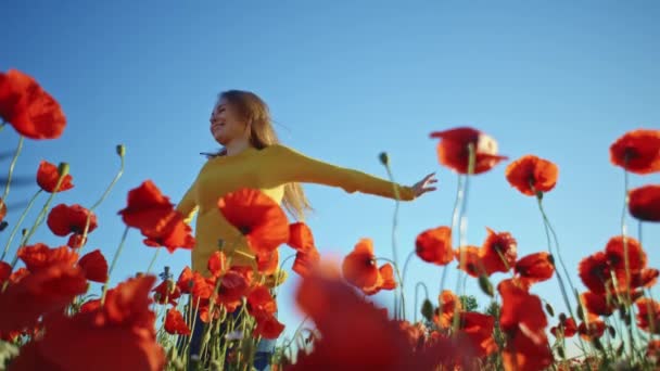 Menina se divertindo no campo de papoilas — Vídeo de Stock