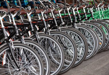 Kamu parkında peş peşe birçok bisiklet tekerleği