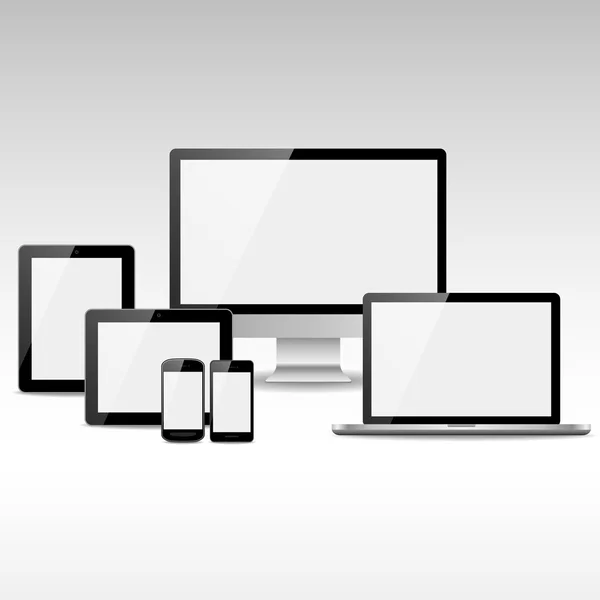 Computadoras, tabletas y teléfonos con pantallas blancas — Vector de stock