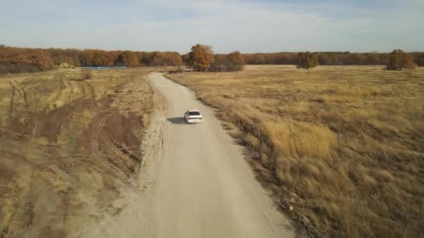 El coche corre a lo largo de una pista de tierra país — Vídeos de Stock