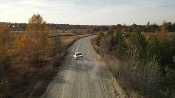 O carro corre ao longo de uma pista de terra país — Vídeo de Stock