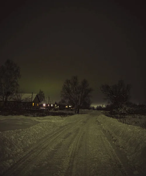 Dorf Winter Einer Dunklen Nacht Hochwertiges Foto — Stockfoto