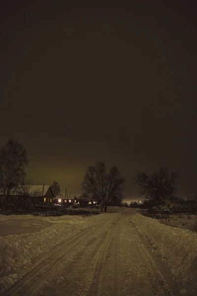 Dorf Winter Einer Dunklen Nacht Hochwertiges Foto — Stockfoto