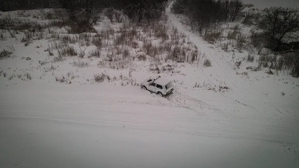 Old Suv Russian Village Hunters Winter Russia High Quality Photo — Stock Photo, Image