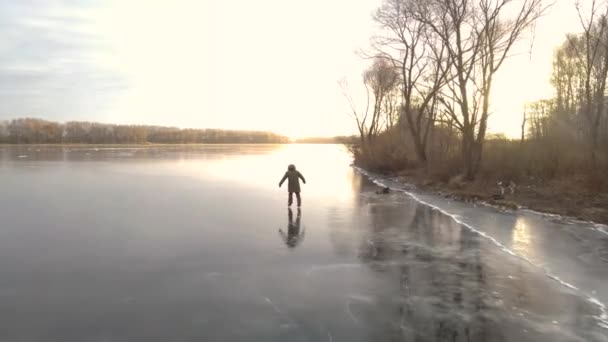Junge Und Hund Beim Schlittschuhlaufen Auf Dem Zugefrorenen Fluss — Stockvideo