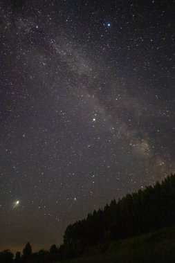 Sıcak bir yaz gecesinde yıldızlı gece gökyüzü. Samanyolu. 
