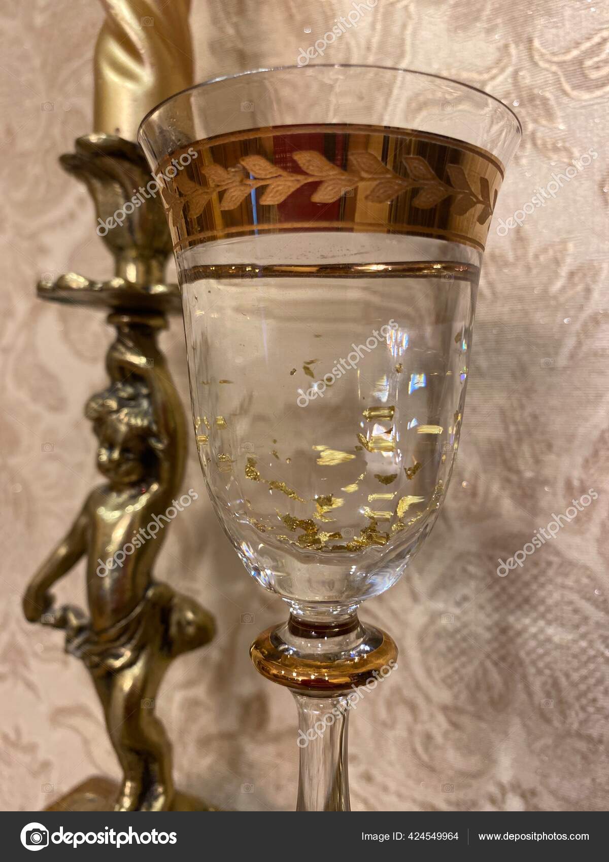 Golden Flakes Float Transparent Gold Liqueur Glass Background Ancient