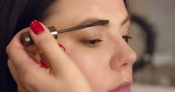 Makijaż Brwi Bliska Oko Młodej Kobiety Podczas Makijażu Makijażysta Maluje — Wideo stockowe