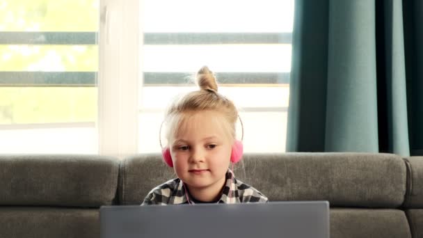 Girl Headphones Laptop Learning Home Online Education Distance Video Calling — Wideo stockowe