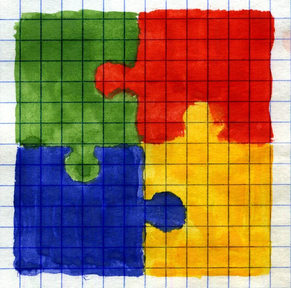 Painted colored puzzle pieces on math paper. — Stock Photo, Image