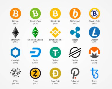 Şifreleme para vektör simgeleri beyaz arkaplanda izole.