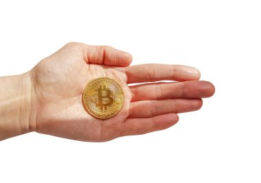 Beyaz arka planda izole edilmiş kadının elindeki Bitcoin bozuk para.