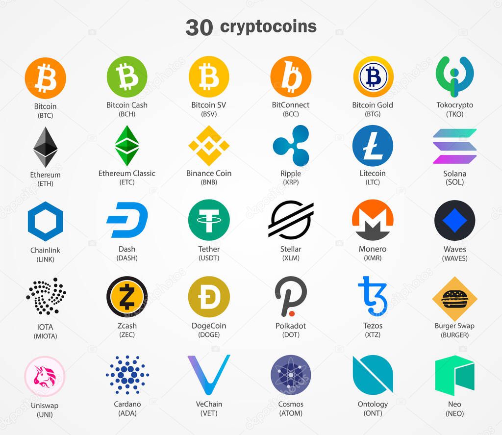 Cryptocurrency vector coins icons isolated on white background.