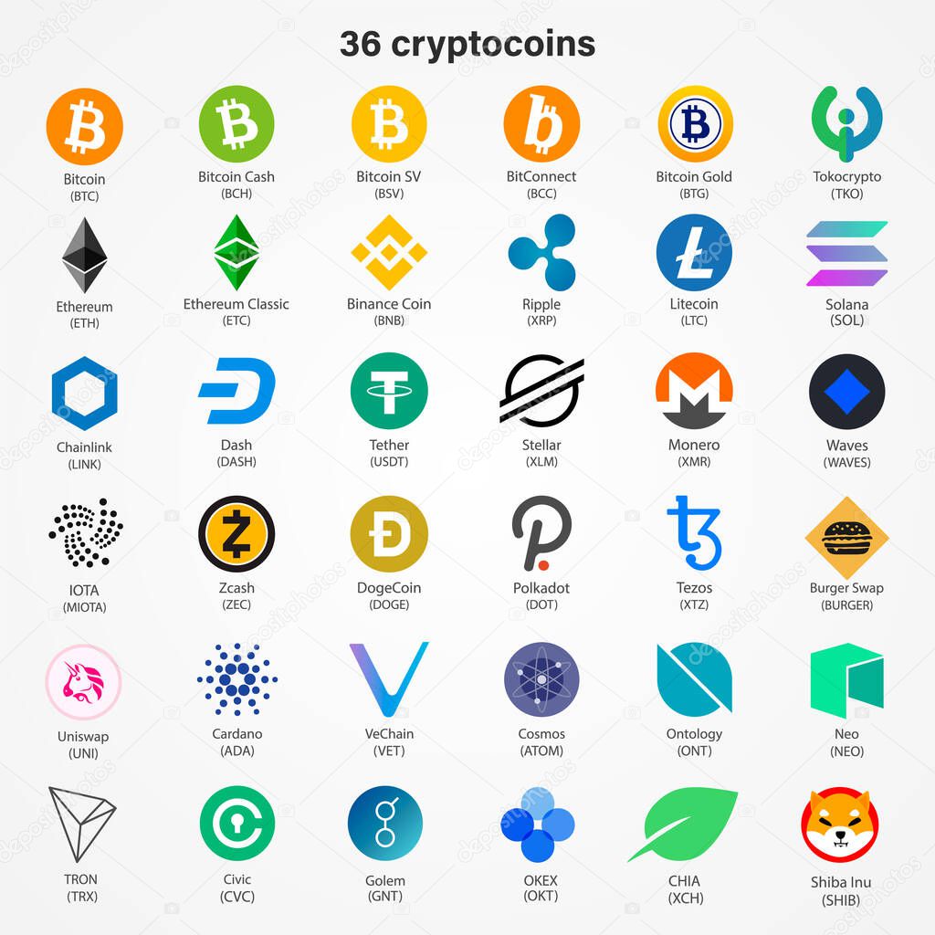Cryptocurrency vector coins icons isolated on white background.