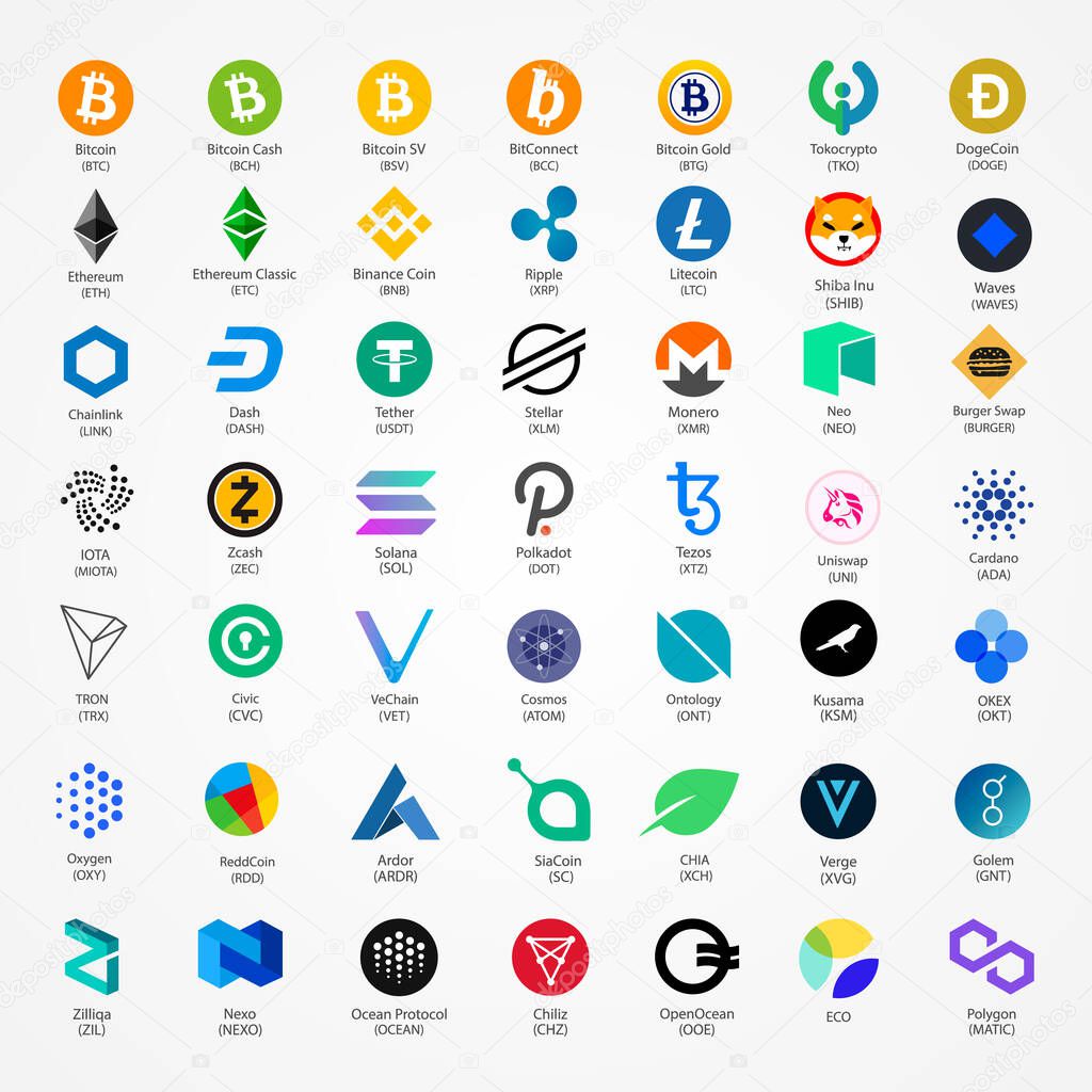 Cryptocurrency vector coins icons isolated on white background.