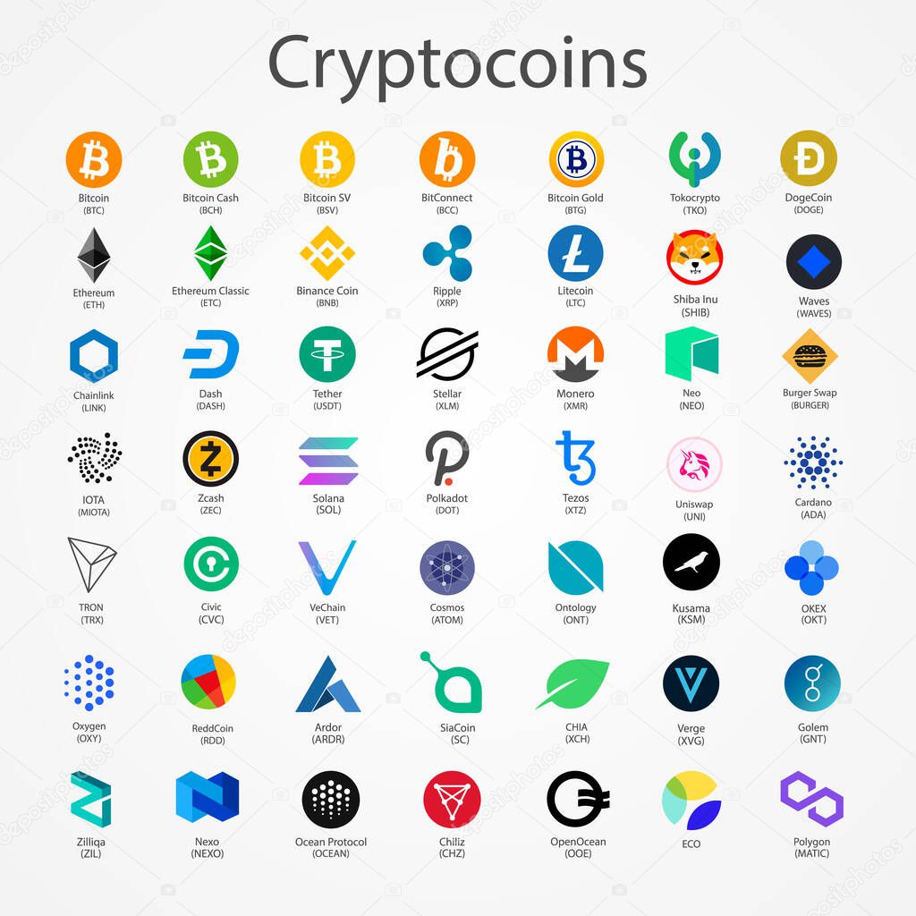 Cryptocurrency vector coins icons isolated on white background.