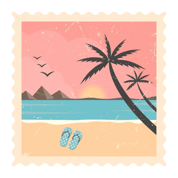 Playa costa y puesta de sol - vector de palmeras tropicales con colorido paisaje de fondo — Archivo Imágenes Vectoriales