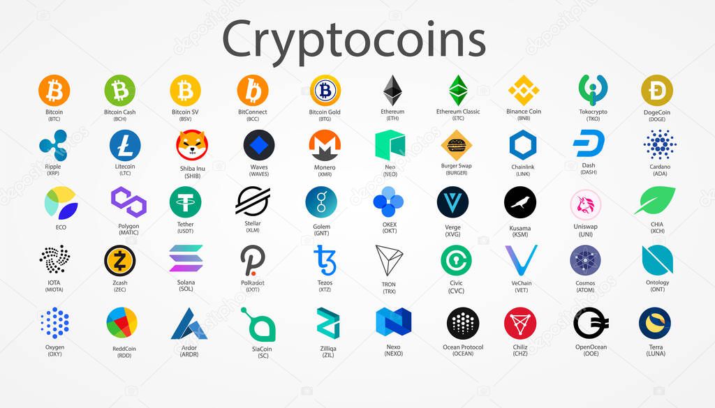 Cryptocurrency vector coins icons isolated on white background.