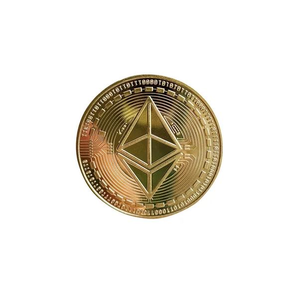 Beyaz arka planda izole edilmiş Etherium ETH madeni para. Üst görünüm.