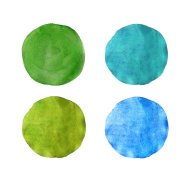 Soyut yeşil ve mavi sulu boya boyalı daire seti