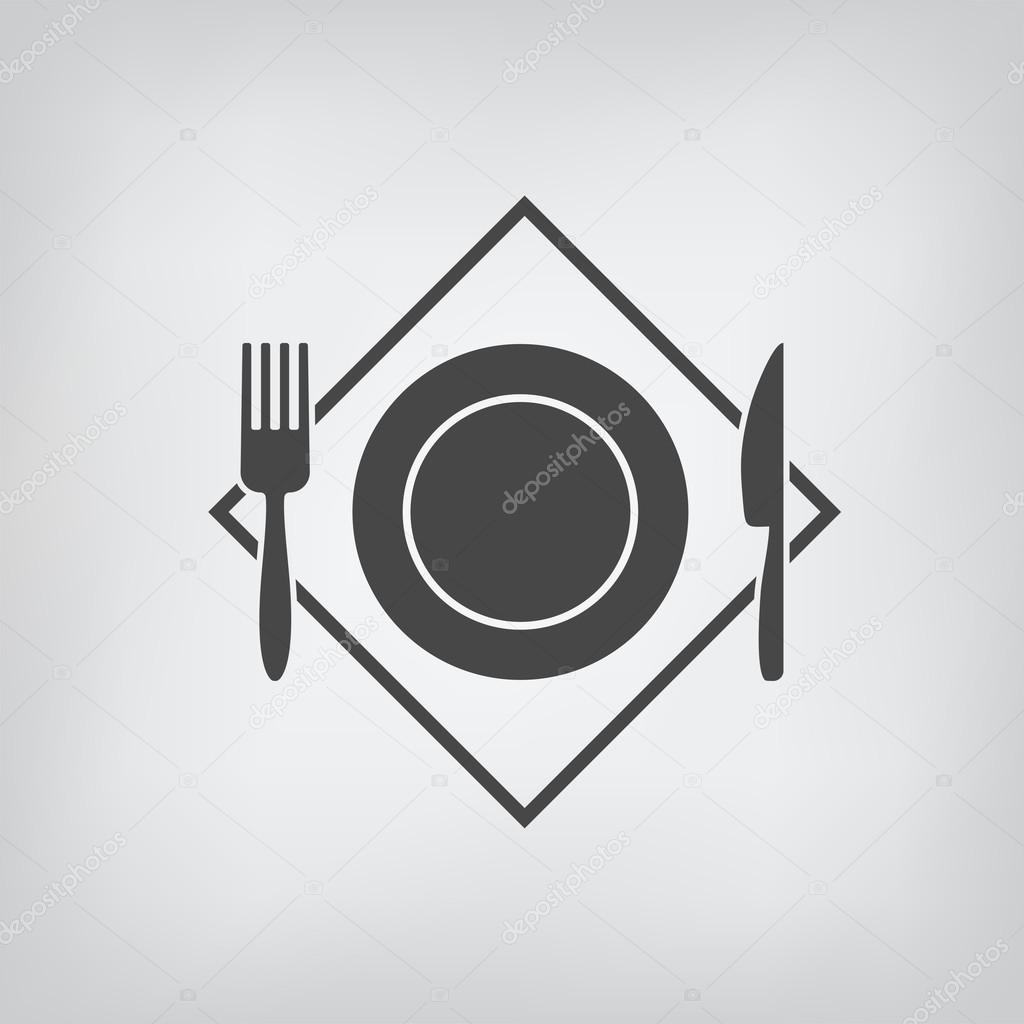Black restaurant menu icon. Plate, fork, knife isolated