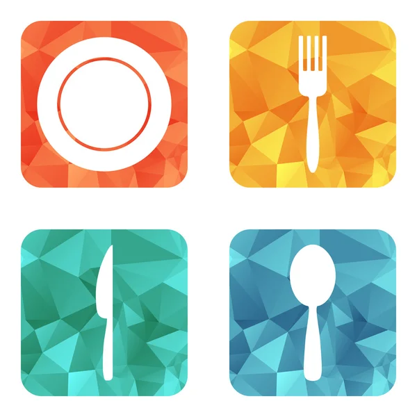 Platte restaurant menu iconen. Plaat, lepel, vork, mes — Stockvector