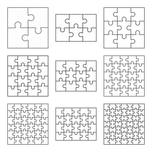 Jigsaw rompecabezas nueve vector plano en blanco plantillas conjunto — Archivo Imágenes Vectoriales