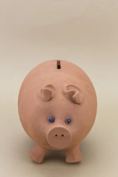 Kids Pink Piggy Bank Looking Forward, Isolated on brown Backgrou — Stock Photo, Image