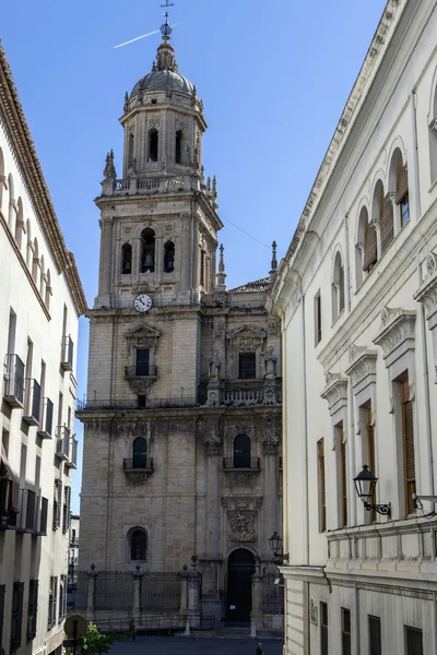 The cathedral of Jaen, View of the first tower, next to the street that separates the Town Council and the Bishop, Take in Jaen, Spain — Stock Photo, Image