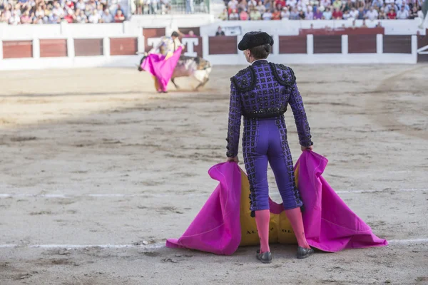 De Spaanse stierenvechter stierenvechten met de kruk in de stier — Stockfoto