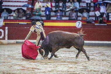 İspanyolca Boğa güreşçisi Sebastian Castella Jaen, İspanya Bullring koltuk değneği ile yağmurlu bir öğleden sonra boğa güreşi sırasında