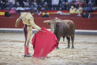 İspanyolca Boğa güreşçisi Sebastian Castella Jaen, İspanya Bullring koltuk değneği ile yağmurlu bir öğleden sonra boğa güreşi sırasında